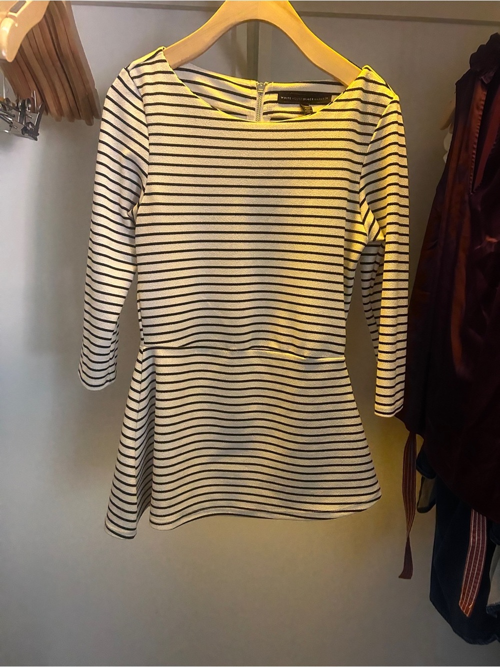 White House Black Market Black and White Striped Peplum Top